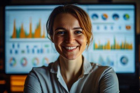 A confident data analyst is smiling at the camera while showing insightful charts and graphs on multiple screens behind. The setting indicates a productive work environment.の素材