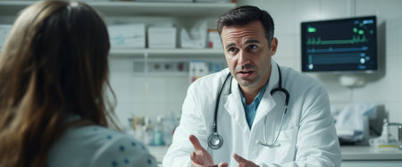 A doctor, dressed in a white coat, communicates effectively with a patient in a well-lit hospital room. The interaction highlights professionalism and care in a healing environment.の素材