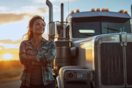 A confident female truck driver stands proudly next to her large cargo truck, illuminated by the golden hues of sunrise. She embodies strength and determination in her profession.の素材