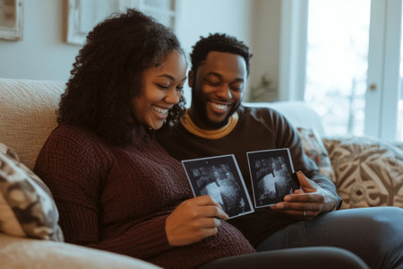 In a warm and inviting home setting, a smiling black couple sits closely together on a sofa, joyfully looking at their ultrasound pictures as they embrace the excitement of impending parenthood.の素材