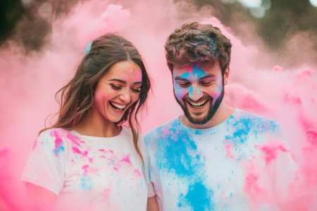 Surrounded by clouds of pink and blue powder, a couple shares joyful smiles outdoors, radiating happiness amidst a playful celebration of color in bright daylight.の素材
