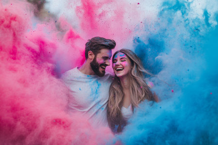 A couple joyfully embraces each other outdoors, surrounded by vibrant bursts of pink and blue powder. Their happy expressions convey love and excitement in this colorful moment.の素材