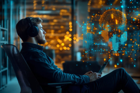 In a contemporary coworking environment, a focused data analyst engages deeply with data visualization tools while wearing headphones. Bright lights highlight the innovative atmosphere.の素材