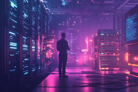 A data analyst stands confidently in a high-tech server room at night, surrounded by advanced computer equipment emitting vibrant colors and soft light.の素材