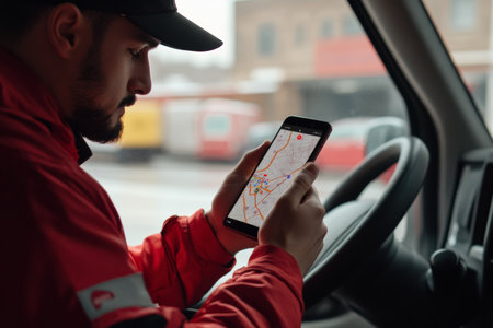 A delivery driver checks their smartphone GPS screen to determine the next delivery location while sitting in their van during daylight hours.の素材
