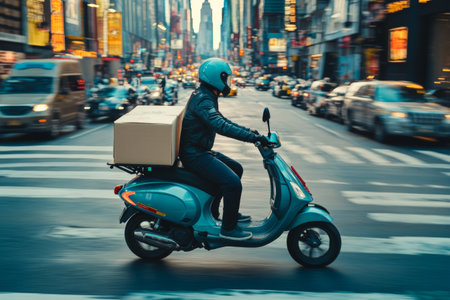 Scooter delivery driver weaves through vibrant city streets, maneuvering past bustling traffic while carrying a food delivery box during a busy time of day.の素材