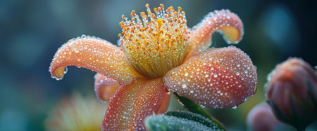 A stunning close-up captures a blooming flower glistening with morning dew droplets. The vibrant colors reflect the soft light of dawn, showing nature's beauty.の素材