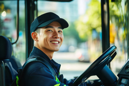 A cheerful driver of an electric bus enjoys his work in a vibrant, eco-friendly city filled with greenery and clean surroundings. The sun illuminates his smile as he drives.の素材