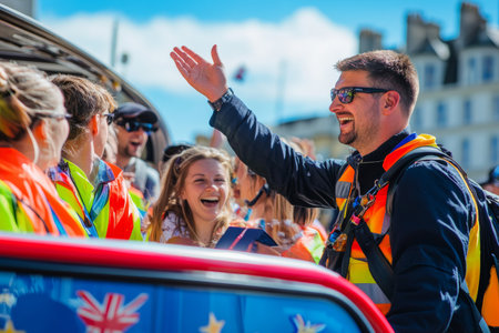 Driver of an open-top tourist bus enthusiastically greets a group of excited passengers, showing cheerful interactions in a lively outdoor setting. The warm sun enhances the festive mood.の素材