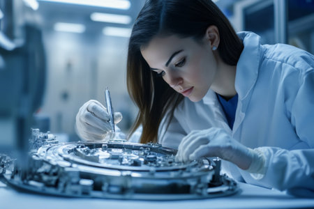 A skilled aerospace engineer inspects intricate spacecraft components while wearing protective gear in a cleanroom. Her focus displays the dedication to quality in aerospace technology.の素材