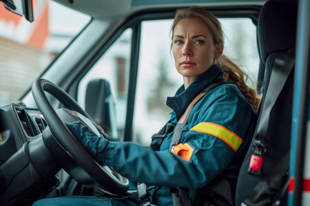 A female ambulance driver in uniform sits behind the wheel, focused and ready for an emergency response in an urban environment. She displays professionalism and determination.の素材