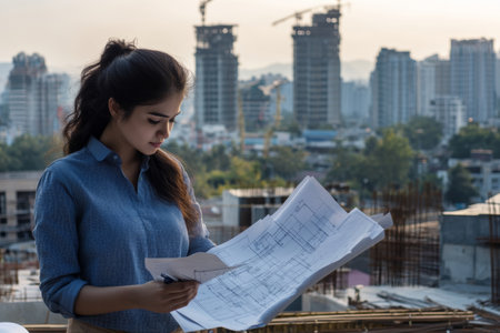 A female architect examines detailed blueprints on a construction site, overlooking city buildings and cranes in the background during daylight. Her focus reflects dedication to her work.の素材