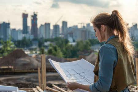 On a bustling construction site, a female architect studies blueprints intently. She stands against a backdrop of a vibrant city skyline, indicating a busy urban development.の素材