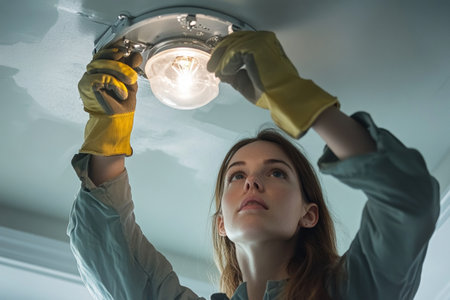 A female electrician is actively repairing a light fixture on the ceiling. She wears protective gloves and displays a concentrated expression as she works.の素材
