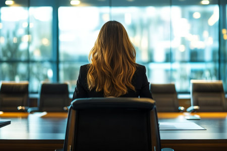 A female lawyer sits confidently in a sleek boardroom, ready to engage in a significant business meeting. The stylish environment reflects professionalism and focus.の素材