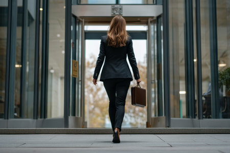 A female lawyer confidently walks out of a courthouse with a briefcase in hand, showing her professionalism in a bustling legal setting. The bright daylight emphasizes her determination.の素材