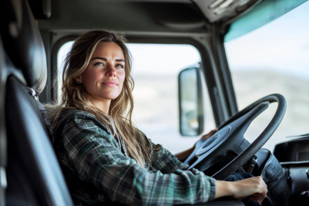 A female truck driver sits in the cab of her truck, gazing confidently out the window. The setting captures her strong presence while navigating open roads and landscapes.の素材