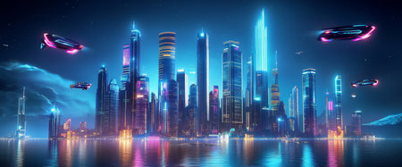A vibrant skyline showcases towering buildings lit by neon hues, while flying cars zoom through the night sky, creating a captivating futuristic atmosphere over the city.の素材