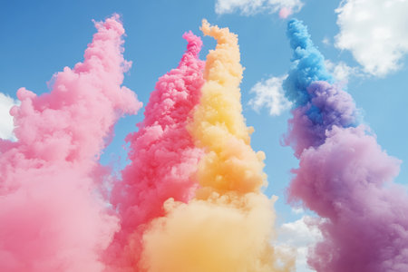 A cloud of colorful smoke erupts from a cannon, signifying a gender reveal celebration. The vibrant hues of pink, blue, and yellow swirl beautifully in slow motion against a bright sky.の素材
