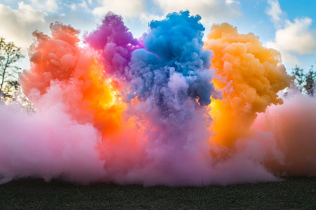 A smoke cannon bursts open, filling the air with vibrant colors in slow motion, marking a joyful occasion.の素材