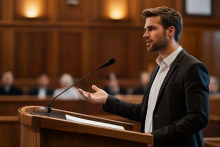 The lawyer stands confidently at the podium, presenting compelling arguments during a legal seminar. Attendees listen attentively, immersed in the discussion.の素材