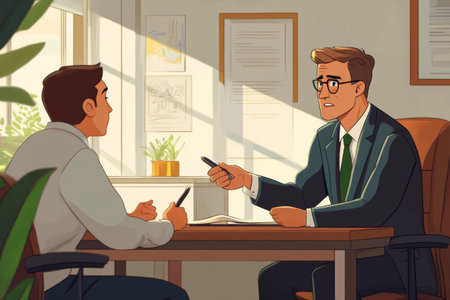In a warm office setting with soft lighting, a lawyer attentively gives legal advice to a concerned client. The interaction takes place around a wooden table filled with paperwork.の素材