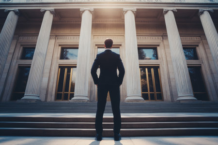 A lawyer stands firmly in front of a grand courthouse, exuding confidence as he prepares to confront a significant legal challenge. The majestic columns emphasize the seriousness of the moment.の素材