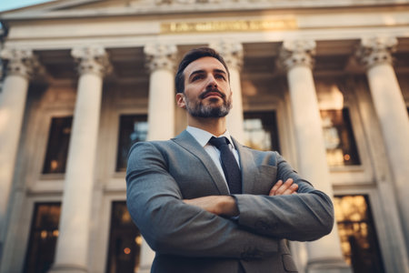 A lawyer stands confidently with arms crossed in front of a majestic courthouse, exuding determination and readiness to tackle a legal challenge. The sun illuminates the scene.の素材