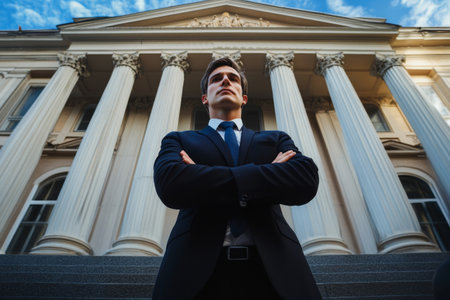 A lawyer stands confidently before a grand courthouse, arms crossed and exuding determination. The setting emphasizes his readiness to face the legal challenges ahead.の素材