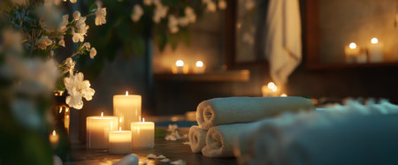 A luxurious spa setting fills with soft candlelight and beautiful flowers, creating a tranquil atmosphere perfect for relaxation. Soft towels await guests seeking a serene experience.の素材