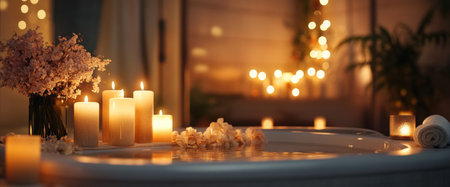 In a tranquil spa environment, soft candlelight flickers next to fresh flowers, enhancing the peaceful ambiance. A calming bath awaits, inviting relaxation and rejuvenation.の素材