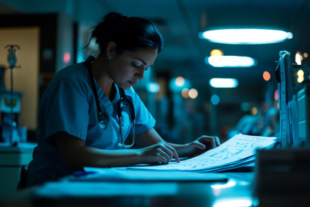 A night-shift nurse quietly works on patient charts under soft hospital lighting, emphasizing dedication and attention to detail in the late hours of the night.の素材