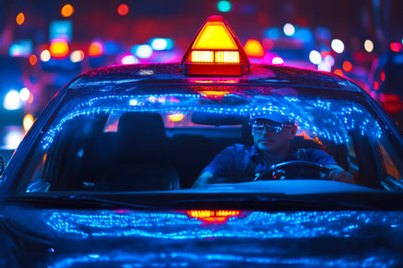 Taxi driver focused on the road while neon lights create a colorful reflection on the windshield. The night air buzzes with city life and activity.の素材