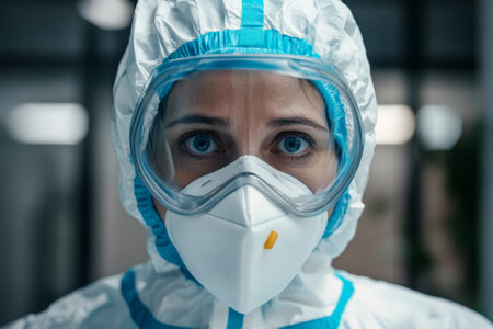 A nurse is fully equipped in protective gear, prepared for a medical emergency. The focus is on her determined expression amid a critical situation, highlighting the urgency and dedication.の素材