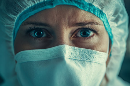 A nurse, fully equipped with protective gear and a mask, displays deep determination in their eyes while working in a healthcare facility during the pandemic.の素材