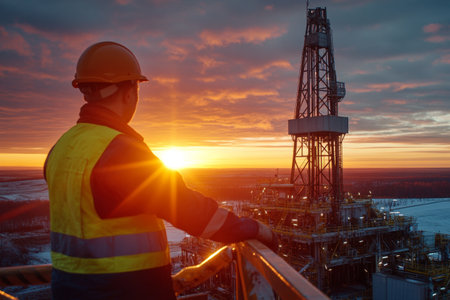 A petroleum engineer reviews equipment on an oil rig platform as the sun rises, casting warm light across the horizon and illuminating the structure and surrounding area.の素材