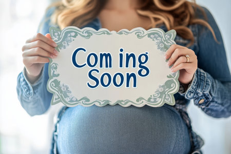 A joyful pregnant woman smiles warmly as she holds a sign that reads Coming Soon. Her belly is prominent, and the atmosphere is bright and inviting, reflecting her happiness.の素材