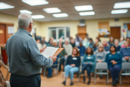A psychologist conducts a mental health workshop in a community center, engaging a diverse audience eager to learn and share their experiences. The atmosphere is supportive and interactive.の素材