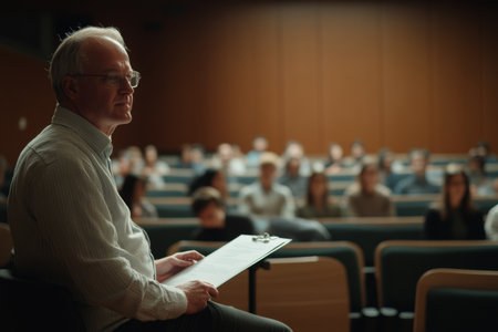 A psychologist discusses vital mental health topics in a university auditorium. Attendees attentively listen, highlighting the importance of mental wellness.の素材