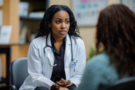 A psychologist attentively listens to a client discussing their concerns in a welcoming and professional office setting, facilitating a supportive conversation.の素材