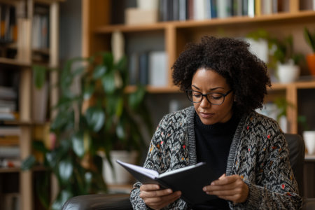 Focused psychologist examines notes in a well-organized office filled with books and greenery, preparing for an upcoming therapy session with clients.の素材