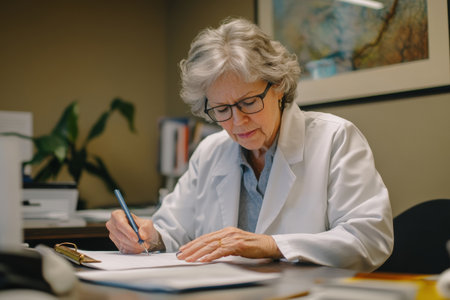 A psychologist sits at their desk in a well-organized office, concentrating on writing notes for an upcoming therapy session, surrounded by books and plants.の素材