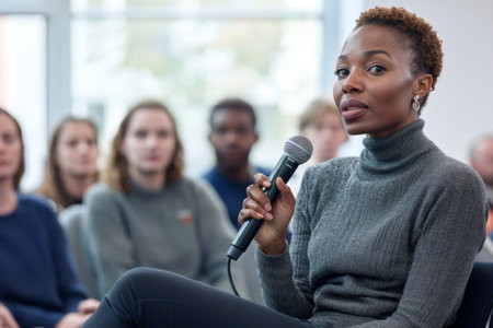 A psychologist delivers insights on mental health awareness while holding a microphone at a community event. The engaged audience listens attentively, fostering an open dialogue.の素材