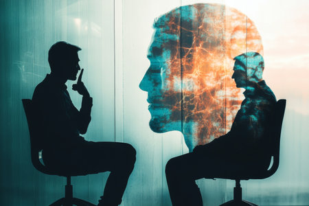 In a modern therapy space, a psychologist engages with a client, observing body language and nonverbal cues. The session highlights the importance of communication in psychological practice.の素材