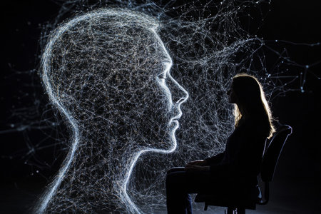 In a therapy setting, a psychologist engages with a patient, focusing on body language and nonverbal communication. The atmosphere is enhanced by abstract visual representations of thought processes.の素材