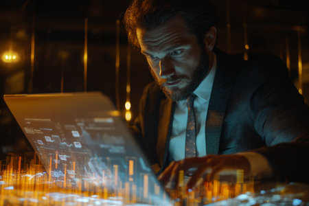 A sales manager analyzes market data on a laptop, utilizing advanced data visualization tools. The setting is a sleek office with dramatic lighting, enhancing focus and productivity.の素材