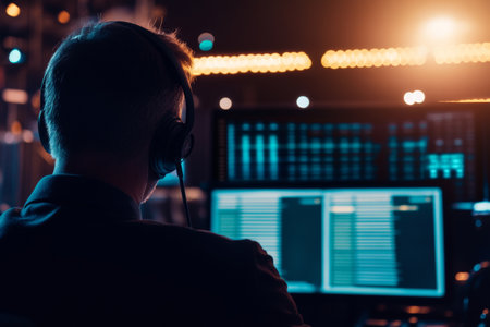 Sales manager conducts a cold call to a potential client, utilizing a headset and carefully following a call script. The modern office is illuminated with warm lights, enhancing focus.の素材