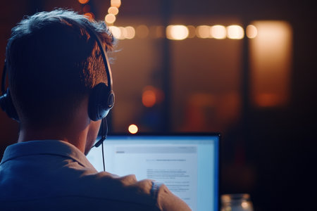 Sales manager focuses on making a cold call to a potential client, wearing a headset and referencing a call script on the computer screen. The low light creates a professional atmosphere.の素材