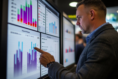 In an office setting, a sales manager on a digital dashboard, examining key performance indicators while tracking sales progress and making strategic decisions.の素材