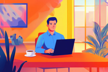 A sales manager engages in a virtual meeting from his home office, equipped with a laptop and a cup of coffee. The colorful setting features plants and warm lighting, promoting productivity.の素材